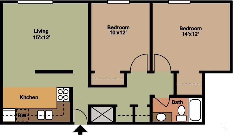 Floor plan for 2 beds, 1 bath, 850 sqft
